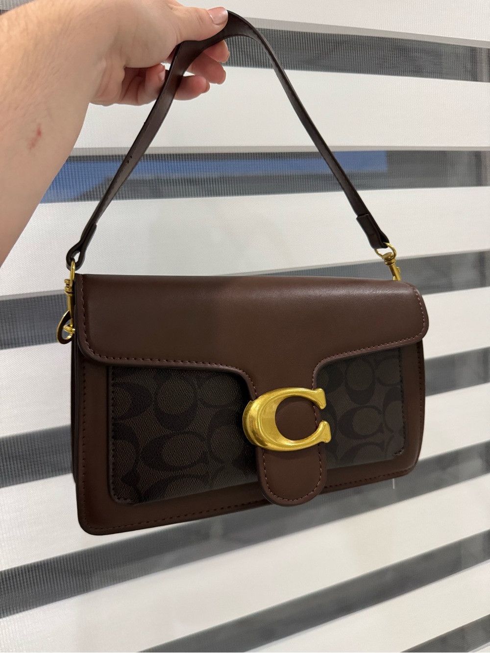 Coach Dark Brown Signature C-Front Shoulder Bag with Gold Hardware
